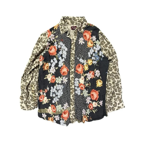 Avani Del Amour Top Boho Floral Leopard Womens XL Mixed Media Art To Wear Artsy - Picture 1 of 13